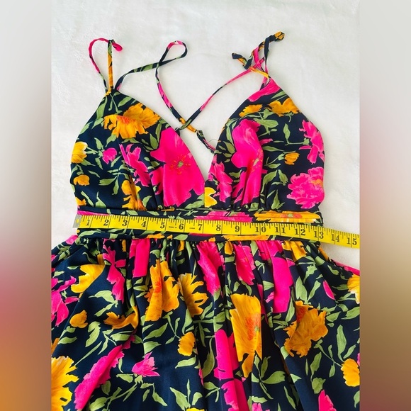 Lulu's Navy Neon Floral Print Sleeveless Strappy Maxi Dress Size Small - Picture 11 of 14